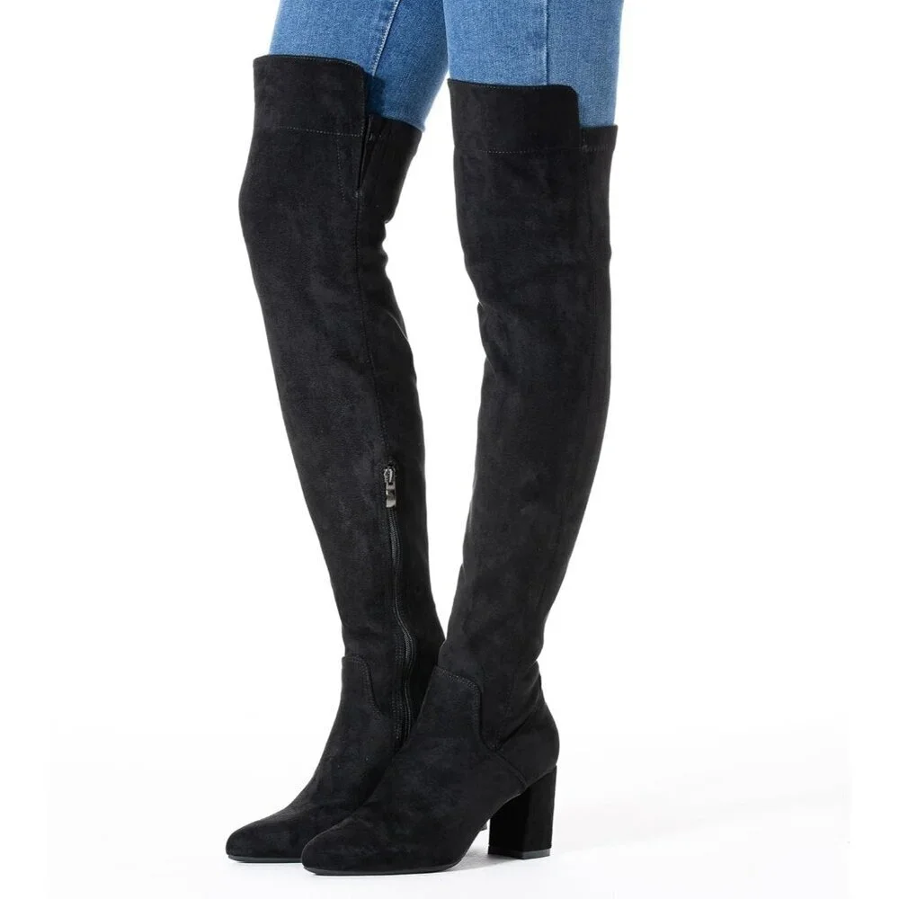 Women Black\3inch Suede Over the Knee Thigh High Chunky Block Heel Winter Boots